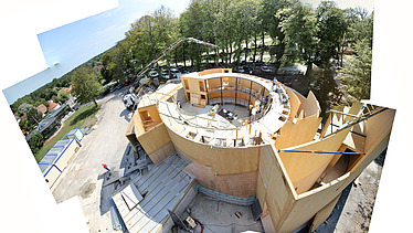 Photo of the Elizabethan Theater in Condette France. You can see the round wooden shell.