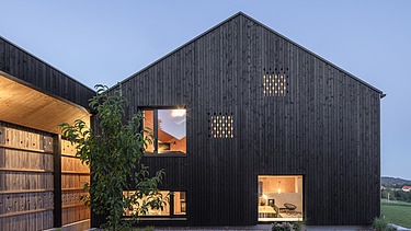 Foto eines modernen Holzhauses mit Holzfassade. Nachtaufnahme.