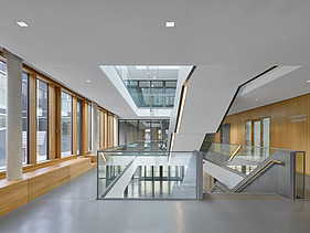 Interior photo of the Munich North Grammar School. You can see a corridor area and the timber mullion and transom façade.