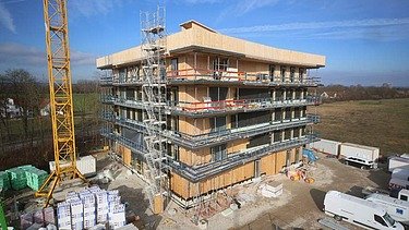Photo of a multi-storey timber building during assembly.