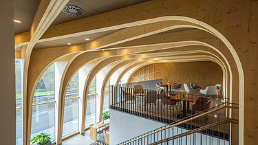 Foto des Innenraums des Weinhotels in Gengenbach. Auffälliges Kreuzganggewölbe aus LENO-BSP.