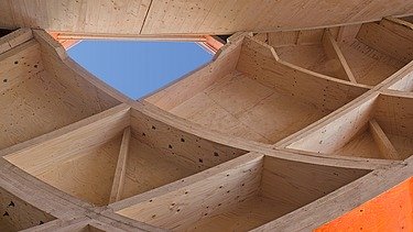 Detailed photo of the interior of the egg-shaped wooden sculpture at the Floriade in Venlo.