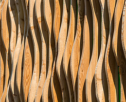 Photo of a timber façade section. Elobau logistics center, Leutkirch.