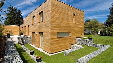Photo of a modern LENO wooden house with wooden façade.