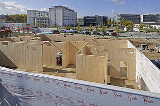 Photo of LENO cross laminated timber elements in the shell.