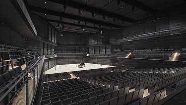Photo of the interim venue Gasteig in Munich. You can see the black acoustic walls in the stage area.