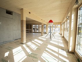 Shell construction photo of the ZÜBLIN Timber office building. Canteen.