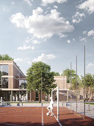A modern compartment-style school for around 430 pupils.