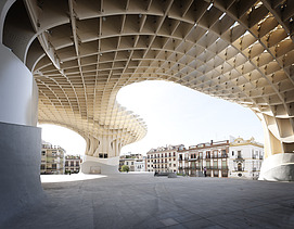 Photo of the wooden mushroom construction of the Metropol Parasol in Spain.