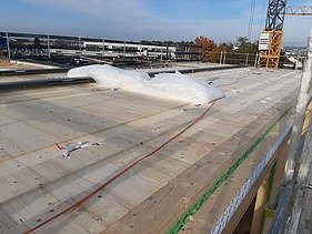 Foto von LENO-Brettsperrholzdecken im Rohbau des Büros von ZÜBLIN Neu-Ulm.