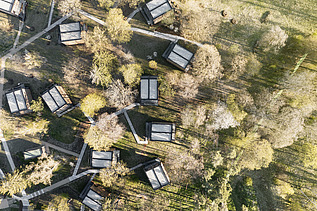Photo of an aerial view. You can see the flat roofs of many small houses and treetops.