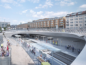 Photo of the Staatsgalerie stop in Stuttgart. You can see train tracks and concrete formwork.