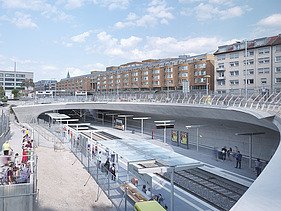 Photo of the Staatsgalerie stop in Stuttgart. You can see train tracks and concrete formwork.