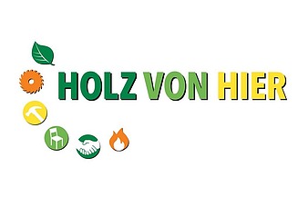 Foto des Logos Holz von Hier. Zu sehen ist ein grüner Schriftzug mit Icons.