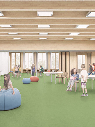 Interior view of the learning house with a supporting structure in timber construction.  