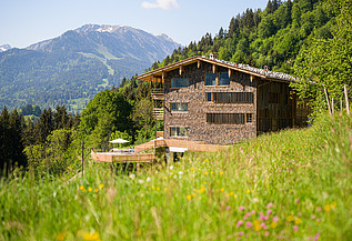 Photo of a wooden hotel in the middle of the mountain landscape.