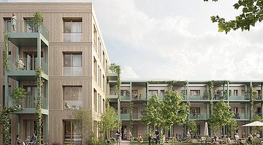 Foto einer Außenansicht eines Holzgebäudes mit Holzfassade und vielen Bräumen davor. MOLENO-Wohnen.