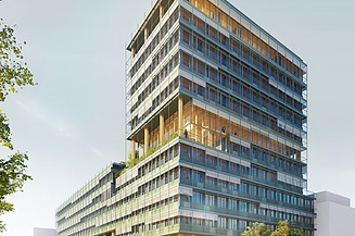 News ZÜBLIN Timber. UmweltHaus of the UmweltBank in Nuremberg Visualization of the new UmweltHaus of UmweltBank in Nuremberg. You can see a large building with 13 floors.