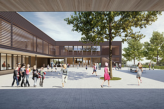 Aktuelles ZÜBLIN Timber. Projekt Schule am Hang, Frankfurt. Moderne und großzügige Ergänzungsbauten schaffen zukünftig mehr Platz für bis zu 550 Kinder. Visualisierung der neuen Schule am Hang in Frankfurt. Man sieht ein Gebäude aus Holz mit Kindern.