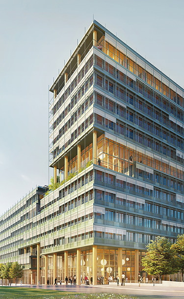 UmweltHaus of UmweltBank Nuremberg Photo of a visualization of the new UmweltHaus in Nuremberg. You can see a high-rise building made of wood.