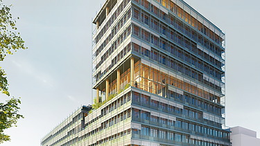 Visualization of the new UmweltHaus of UmweltBank in Nuremberg. A multi-storey building can be seen.