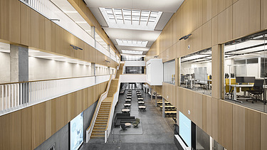 Photo of a large interior with many wooden surfaces.