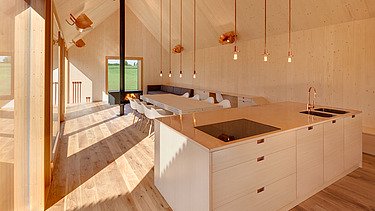 Photo of a modern kitchen area with many LENO-BSP surfaces.