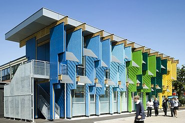 Community School, Longford Photo of a school building with colorful façade elements made of laminated veneer lumber.