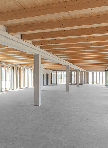 Foto des Rohbaus Büro Flexim Berlin. Innenraum mit HBV-Decke und Pfosten-Riegel-Fassade.