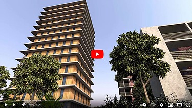 Foto des Hochhauses CARL in Pforzheim. Man sieht ein hohes Gebäude mit Holzfassade.