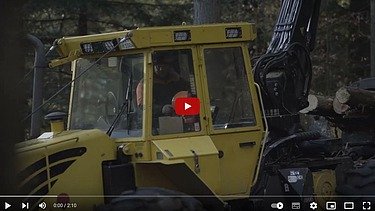 Photo of a yellow retreat pulling tree trunks out of the forest.
