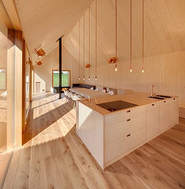 Photo of a modern kitchen area with many LENO-BSP surfaces.