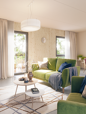 Visualisierung eines MOLENO-Innenraumes. Man sieht ein möbliertes Wohnzimmer.