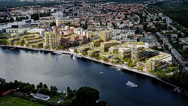 Foto einer Luftaufnahme am Behrens-Ufer Berlin. Man sieht einen Fluss und Häuser.