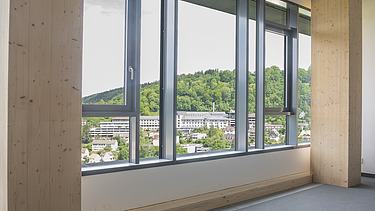 Foto eines innenliegenden Fensterausschnittes. Zu sehen sind BSH-Stützen.