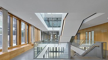 Innenaufnahme des Gymnasiums München-Nord. Man sieht einen Flurbereich und die Holz-Pfosten-Riegel-Fassade.
