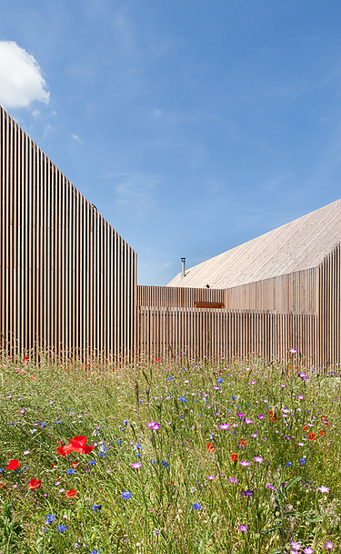 Wohnhaus Neumarkt Foto eines modernen Holzhauses in U-Form mit Holzfassade. LENO-BSP.