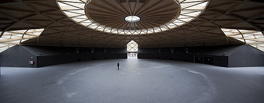 Foto der Las Arenas in Barcelona. Zu sehen ist die Holzkuppel mit Glaselementen von innen.