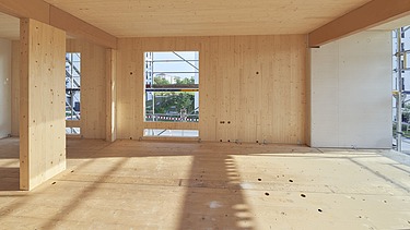 Innenaufnahme eines Gebäuderaumes aus Holz im Rohbaustand. Man sieht viele Holzoberflächen.