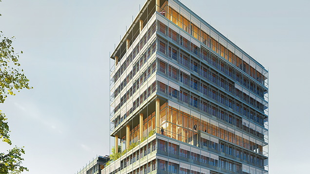 Visualization of the new UmweltHaus of UmweltBank in Nuremberg. You can see a very tall building.
