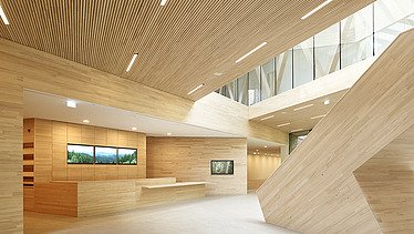 Photo of the visitor center in Ruhestein, interior with lots of wood.