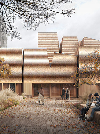 Visualisierung der Kirche in Kopenhagen. Zu sehen ist ein moderner Kirchenbau mit markantem Dach.