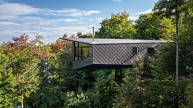 Photo of a wooden house on steel stilts in the middle of the forest.