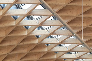 Detailed photo of the wooden roof construction of the Warnow Hansa exhibition hall in Rostock.