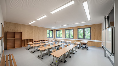 Foto eines Innenraums eines Klassenzimmers. Man sieht eine LENO-ADD-Aussenwand von innen.