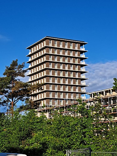 Foto des Holzgebäudes CARL in Pforzheim. Man sieht eine Außenaufnahme mit brauner Holzfassade.