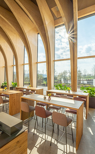 Foto des Innenraums des Weinhotels in Gengenbach. Auffälliges Kreuzganggewölbe aus LENO-BSP.