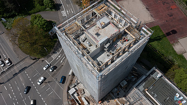 Luftaufnahme der Holzbaustelle CARL in Pforzheim.