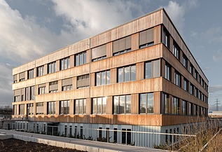 Foto de Bürogebäudes Flexim Berlin von außen. Zu sehen ist ein großes Gebäude aus Holz mit Holzfassade und Flachdach.