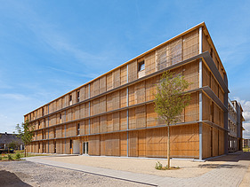 Foto des Collegium Academicums in Heidelberg. Man sieht ein Gebäude aus Holz.